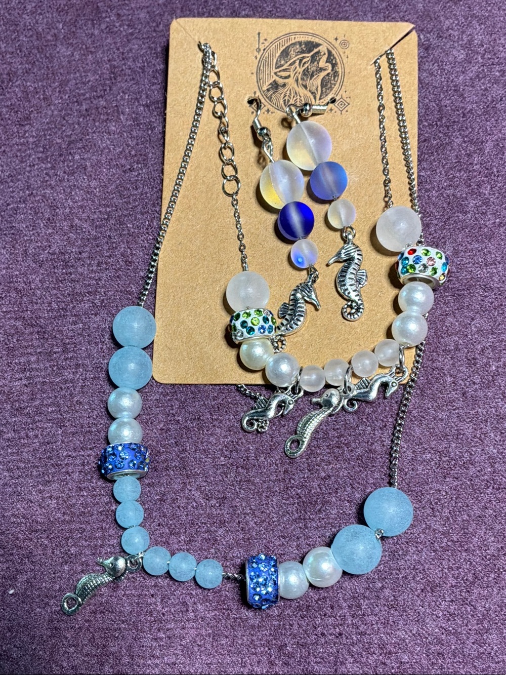 Blue Beaded Necklace with Seahorse Charms
